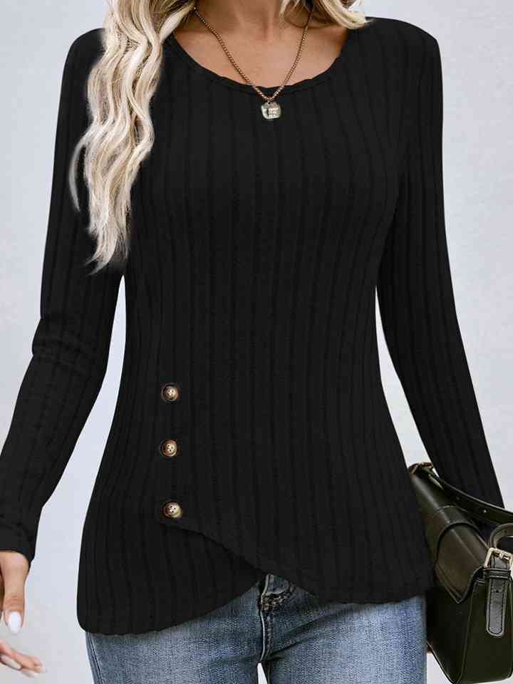 Buttoned Tulip Hem Long Sleeve T-Shirt