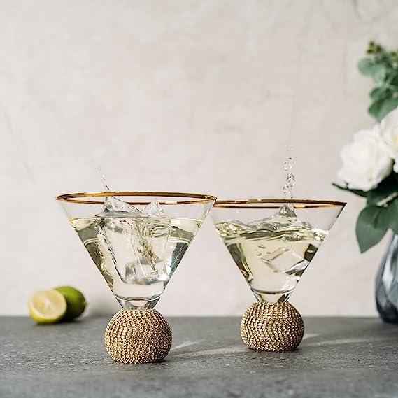 Diamond Studded Martini Glasses Set of 2 - The Wine Savant - Gold Rimmed Modern Cocktail Glass, Rhinestone Diamonds With Stemless Crystal Ball Base, Bar or Party 10.5oz, Swarovski Style Crystals by The Wine Savant - Vysn