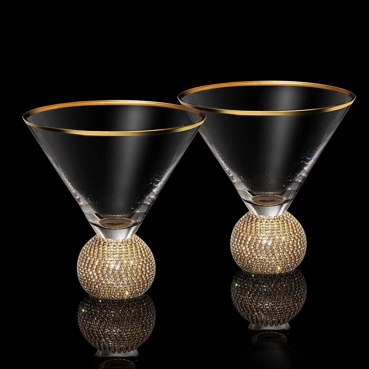 Diamond Studded Martini Glasses Set of 2 - The Wine Savant - Gold Rimmed Modern Cocktail Glass, Rhinestone Diamonds With Stemless Crystal Ball Base, Bar or Party 10.5oz, Swarovski Style Crystals by The Wine Savant - Vysn