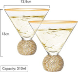 Diamond Studded Martini Glasses Set of 2 - The Wine Savant - Gold Rimmed Modern Cocktail Glass, Rhinestone Diamonds With Stemless Crystal Ball Base, Bar or Party 10.5oz, Swarovski Style Crystals by The Wine Savant - Vysn