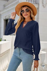 Eyelet Notched Lantern Sleeve T-Shirt