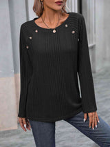 Ribbed Buttoned Round Neck Long Sleeve T-Shirt