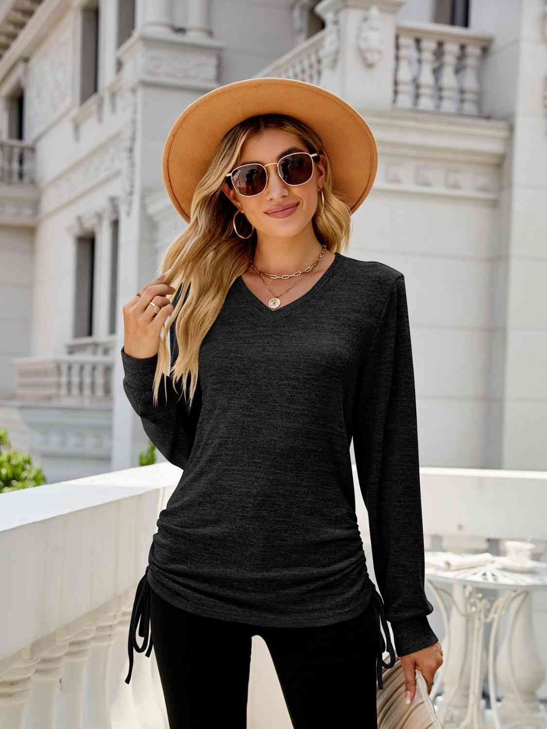 Drawstring V-Neck Long Sleeve T-Shirt