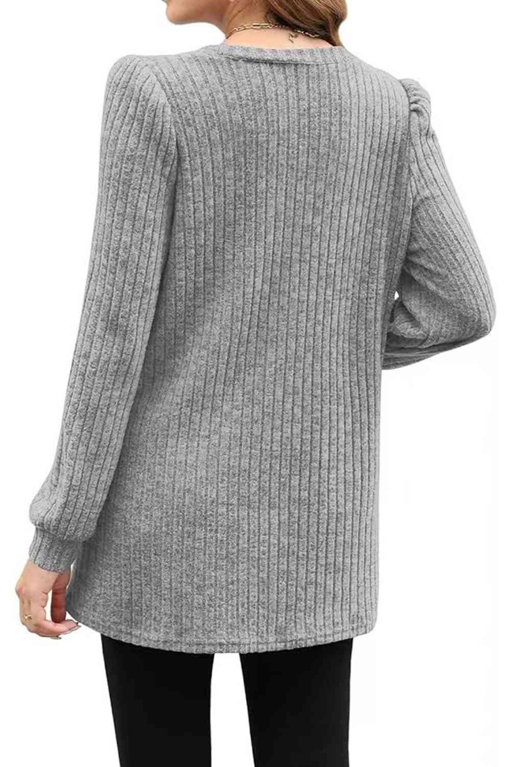 Ribbed Round Neck Long Sleeve T-Shirt