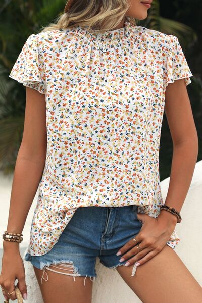 Ditsy Floral Mock Neck Short Sleeve T-Shirt