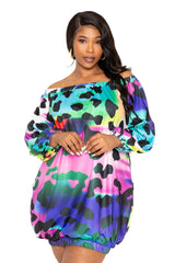 Electric leopard off shoulder bubble mini dress - Vysn