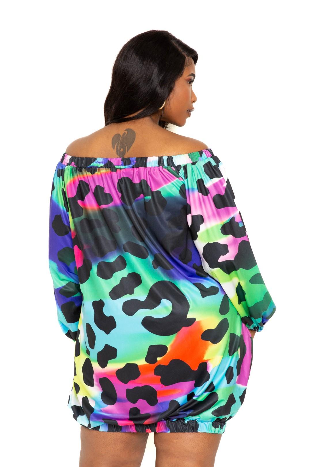 Electric leopard off shoulder bubble mini dress - Vysn