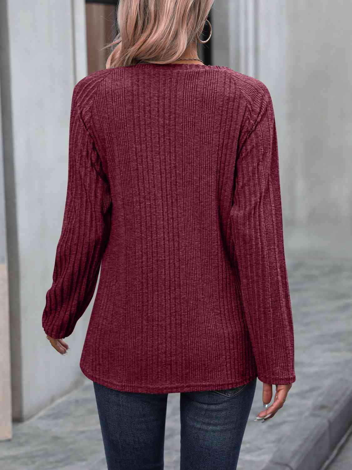 Ribbed Buttoned Round Neck Long Sleeve T-Shirt