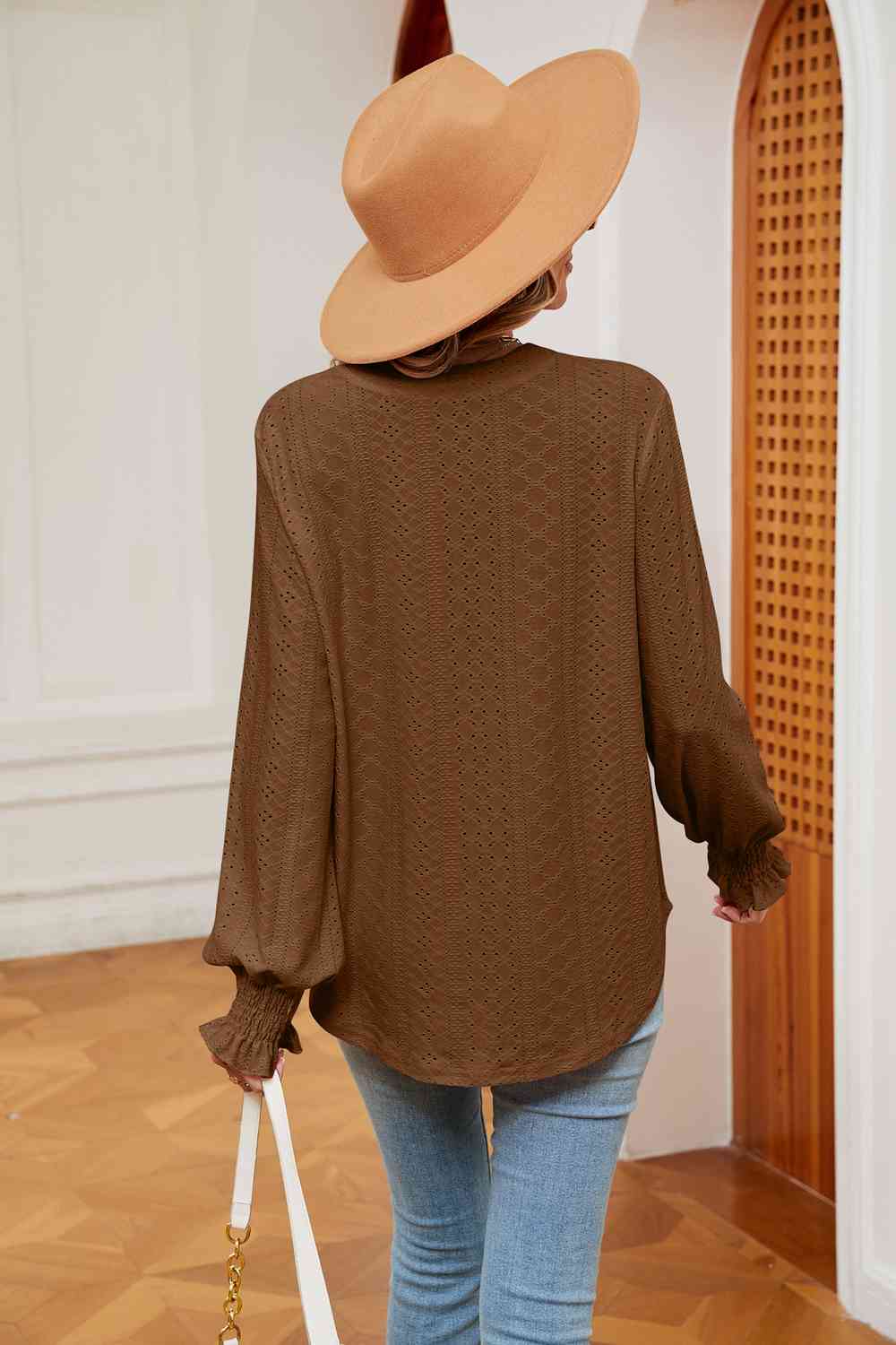 Notched Neck Flounce Sleeve Blouse