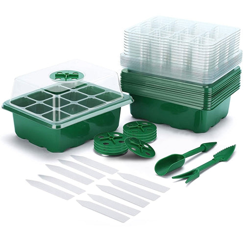 10Pcs Seed Starter Tray Kit Reusable Overall 120Cells Seeding Propagator Station Greenhouse Growing Germination Tray with Humidity Dome Label 2Pcs Gar - Green