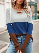 Color Block Cutout Round Neck Long Sleeve T-Shirt