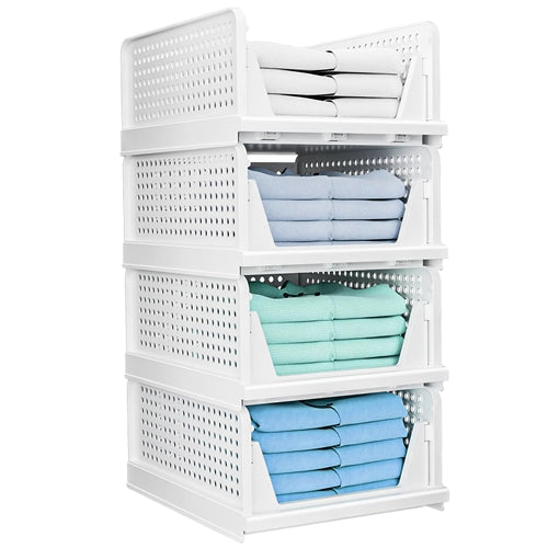 4 Packs Plastic Storage Box Closet Organizer Foldable Storage Bin Stackable Drawer with Slide Rail Push-Pull Storage Basket for Living Room Bedroom Wa - White