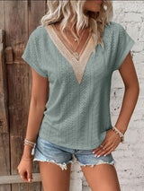 Eyelet V-Neck Short Sleeve T-Shirt