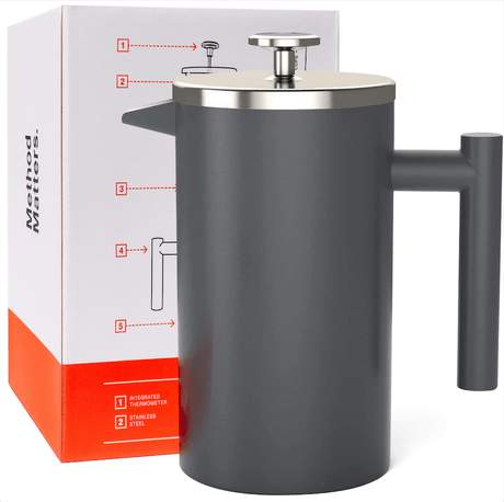 French Press with Thermometer Insulated Stainless Steel Coffee Maker (1.0L | 34fl oz) by Barista Warrior - Vysn