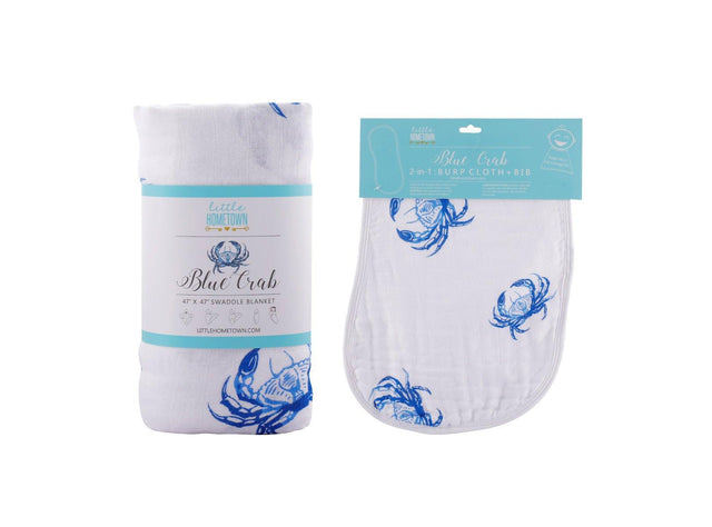 Gift Set: Blue Crab Baby Muslin Swaddle Blanket and Burp Cloth/Bib Combo by Little Hometown - Vysn