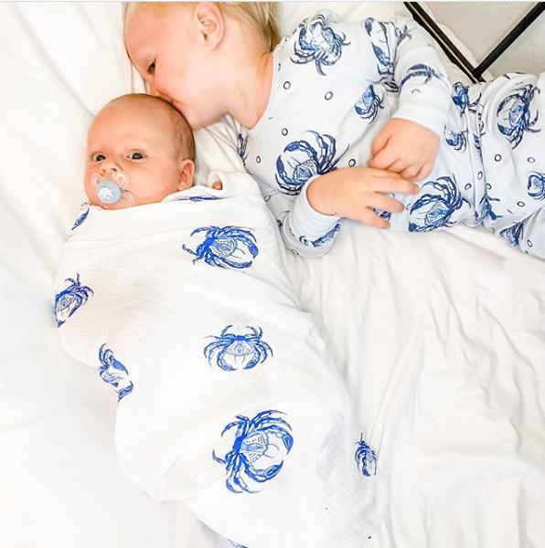 Gift Set: Blue Crab Baby Muslin Swaddle Blanket and Burp Cloth/Bib Combo by Little Hometown - Vysn