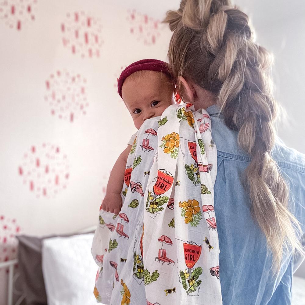 Gift Set: California Girl Muslin Swaddle Blanket and Burp Cloth/Bib Combo by Little Hometown - Vysn