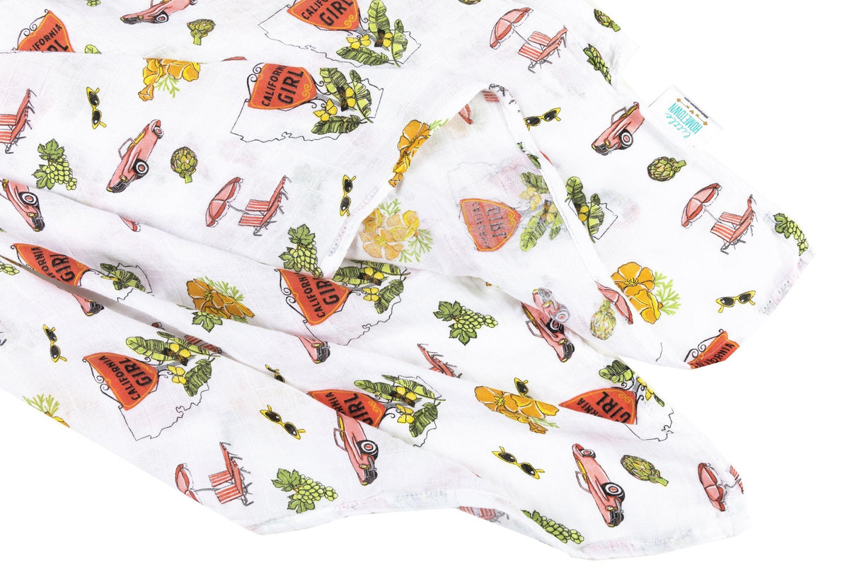 Gift Set: California Girl Muslin Swaddle Blanket and Burp Cloth/Bib Combo by Little Hometown - Vysn