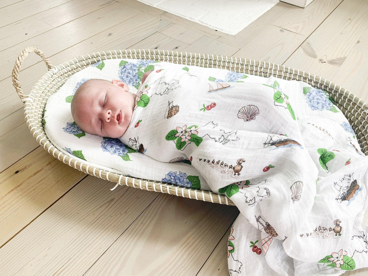 Gift Set: Massachusetts Floral Baby Muslin Swaddle Blanket and Burp Cloth/Bib Combo by Little Hometown - Vysn