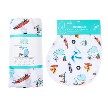 Gift Set: Michigan Baby Muslin Swaddle Blanket and Burp Cloth/Bib Combo by Little Hometown - Vysn