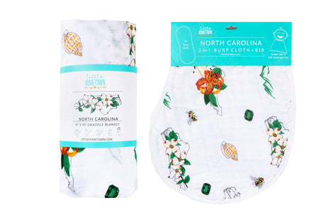 Gift Set: North Carolina Baby Muslin Swaddle Blanket and Burp Cloth/Bib Combo (Floral) by Little Hometown - Vysn