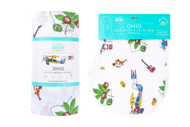 Gift Set: Ohio Baby Muslin Swaddle Receiving Blanket and Burp Cloth / Bib Combo by Little Hometown - Vysn