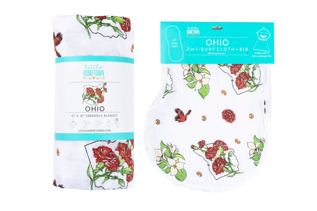 Gift Set: Ohio Baby Muslin Swaddle Receiving Blanket (Floral) and Burp/Bib Combo by Little Hometown - Vysn