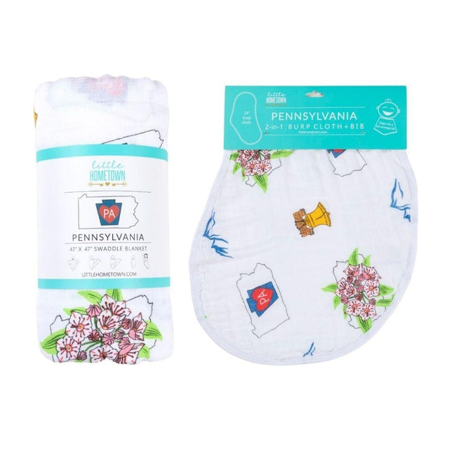 Gift Set: Pennsylvania Baby Muslin Swaddle Blanket and Burp Cloth/Bib Combo by Little Hometown - Vysn