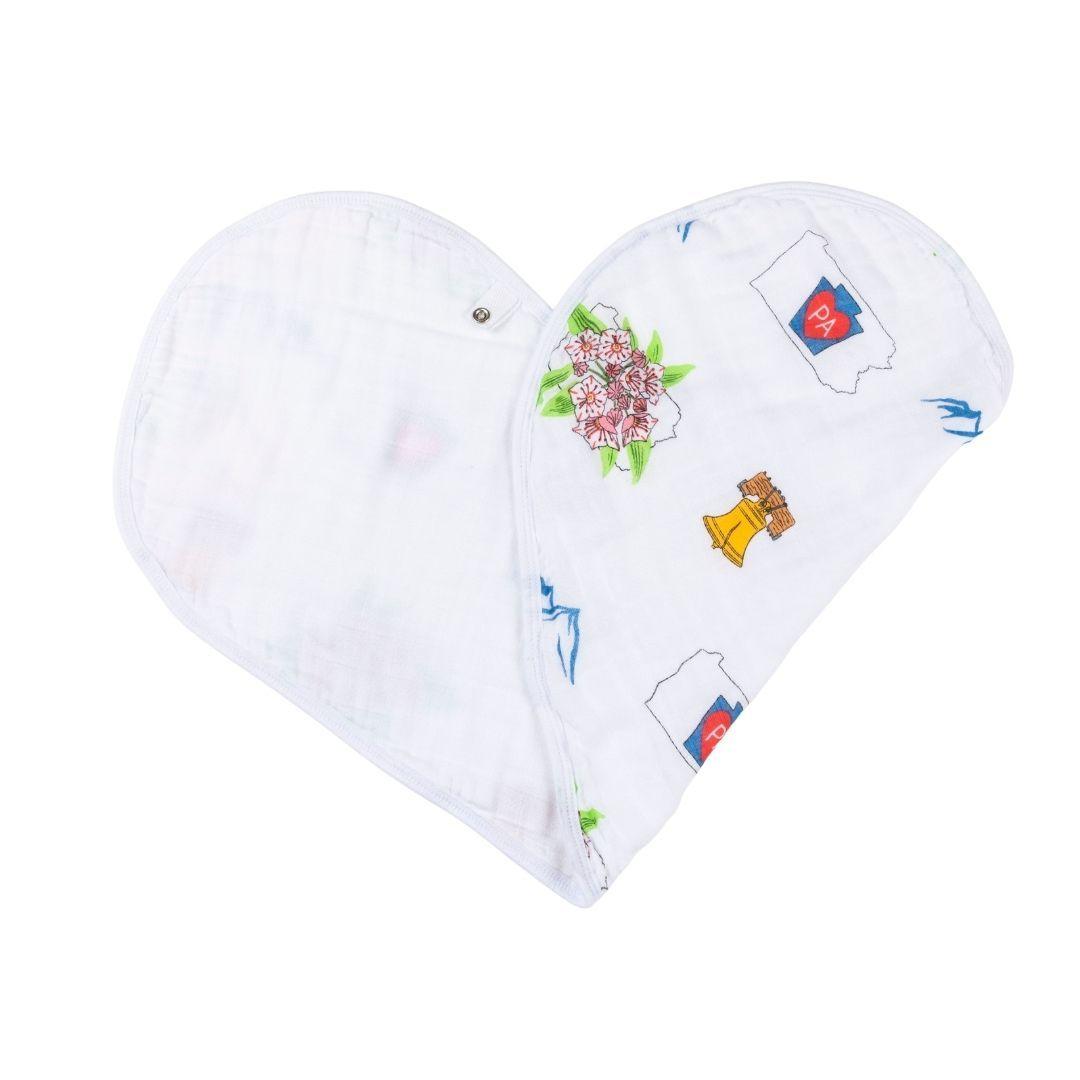 Gift Set: Pennsylvania Baby Muslin Swaddle Blanket and Burp Cloth/Bib Combo by Little Hometown - Vysn