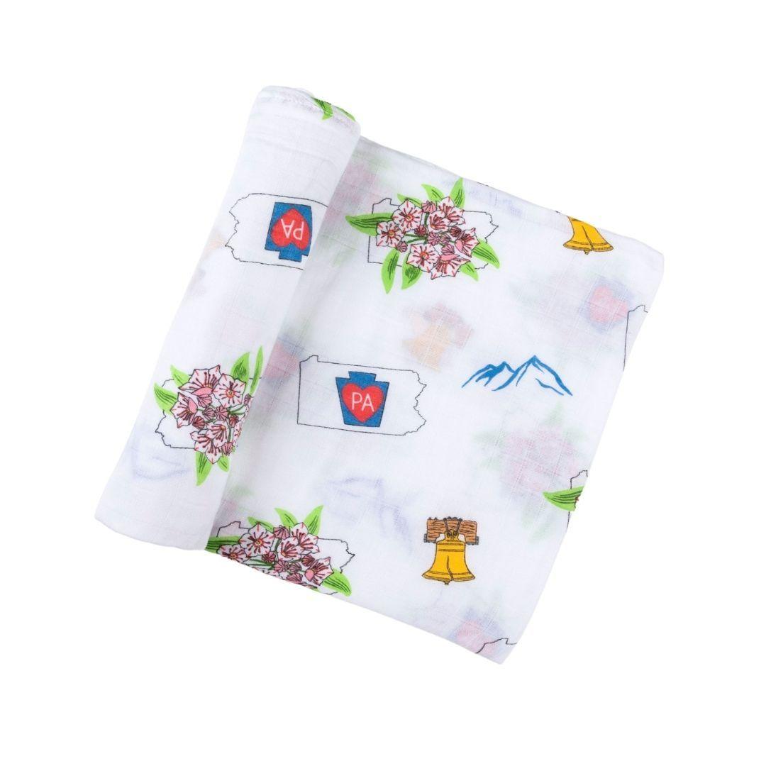 Gift Set: Pennsylvania Baby Muslin Swaddle Blanket and Burp Cloth/Bib Combo by Little Hometown - Vysn