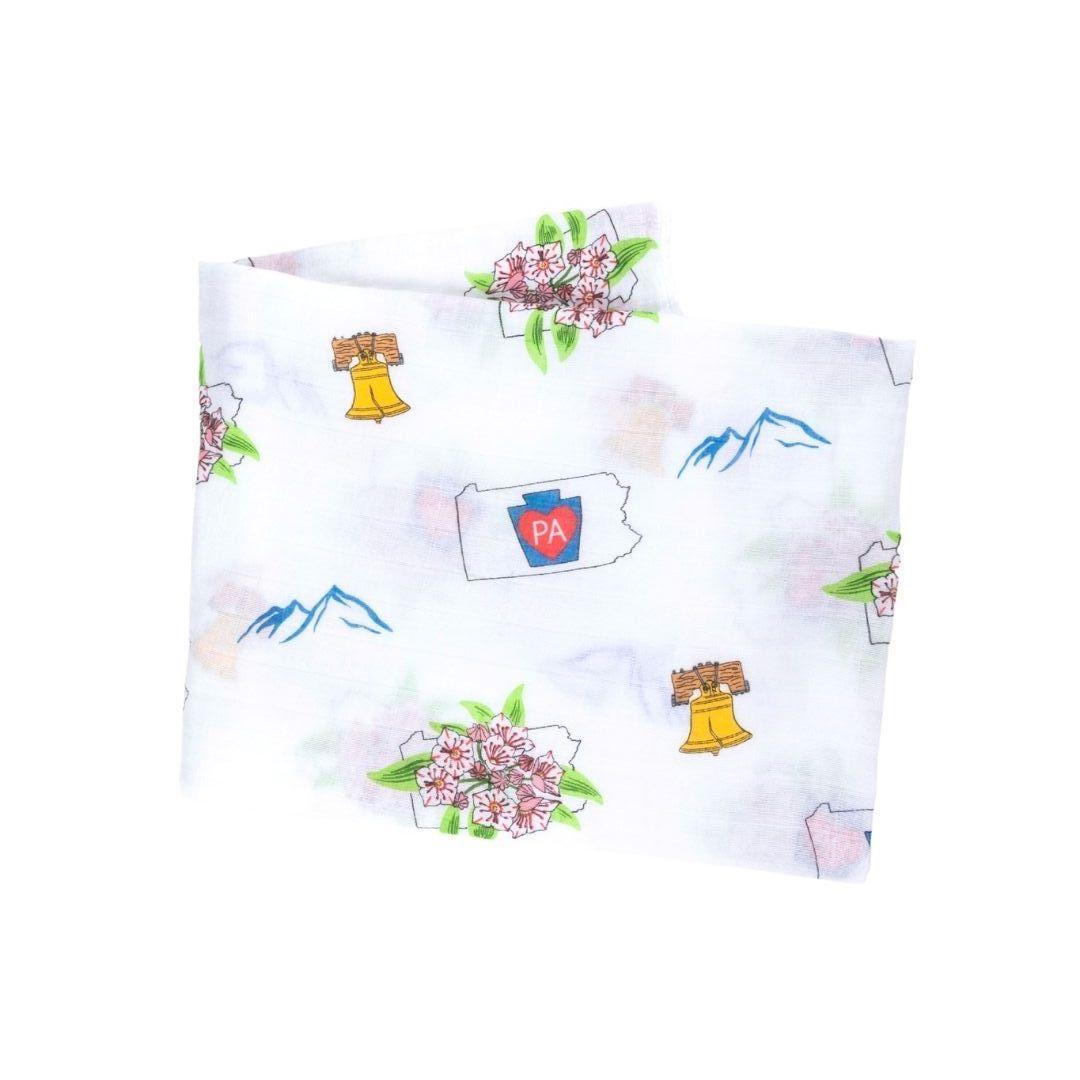 Gift Set: Pennsylvania Baby Muslin Swaddle Blanket and Burp Cloth/Bib Combo by Little Hometown - Vysn