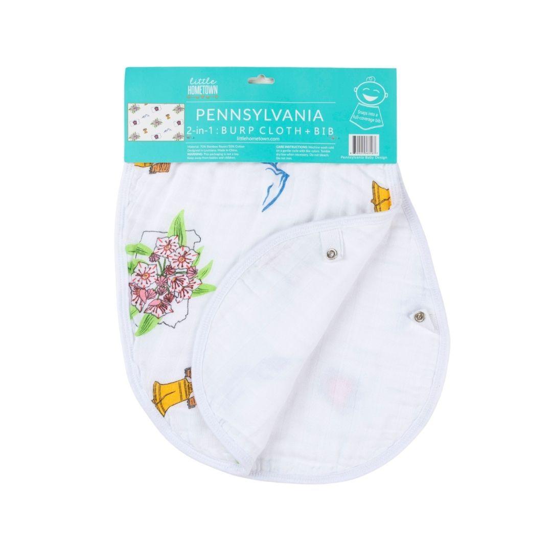 Gift Set: Pennsylvania Baby Muslin Swaddle Blanket and Burp Cloth/Bib Combo by Little Hometown - Vysn