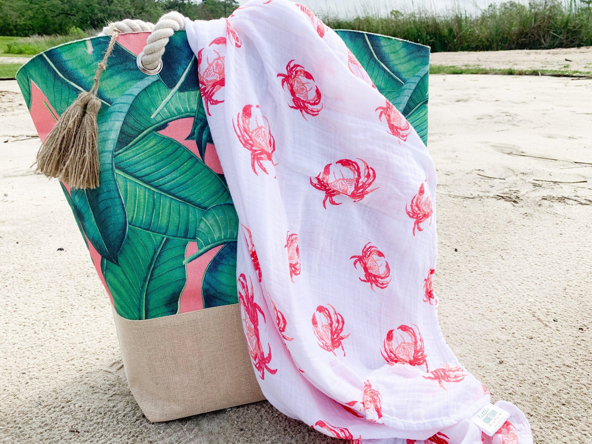 Gift Set: Pink Crab Baby Muslin Swaddle Blanket and Burp Cloth/Bib Combo by Little Hometown - Vysn