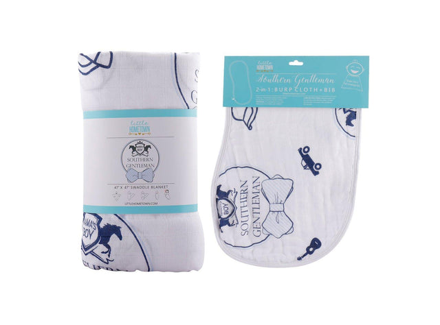 Gift Set: Southern Gentleman Baby Muslin Swaddle Blanket and Burp Cloth/Bib Combo by Little Hometown - Vysn