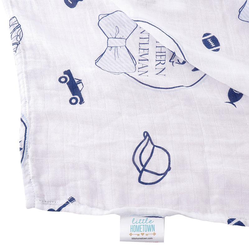 Gift Set: Southern Gentleman Baby Muslin Swaddle Blanket and Burp Cloth/Bib Combo by Little Hometown - Vysn