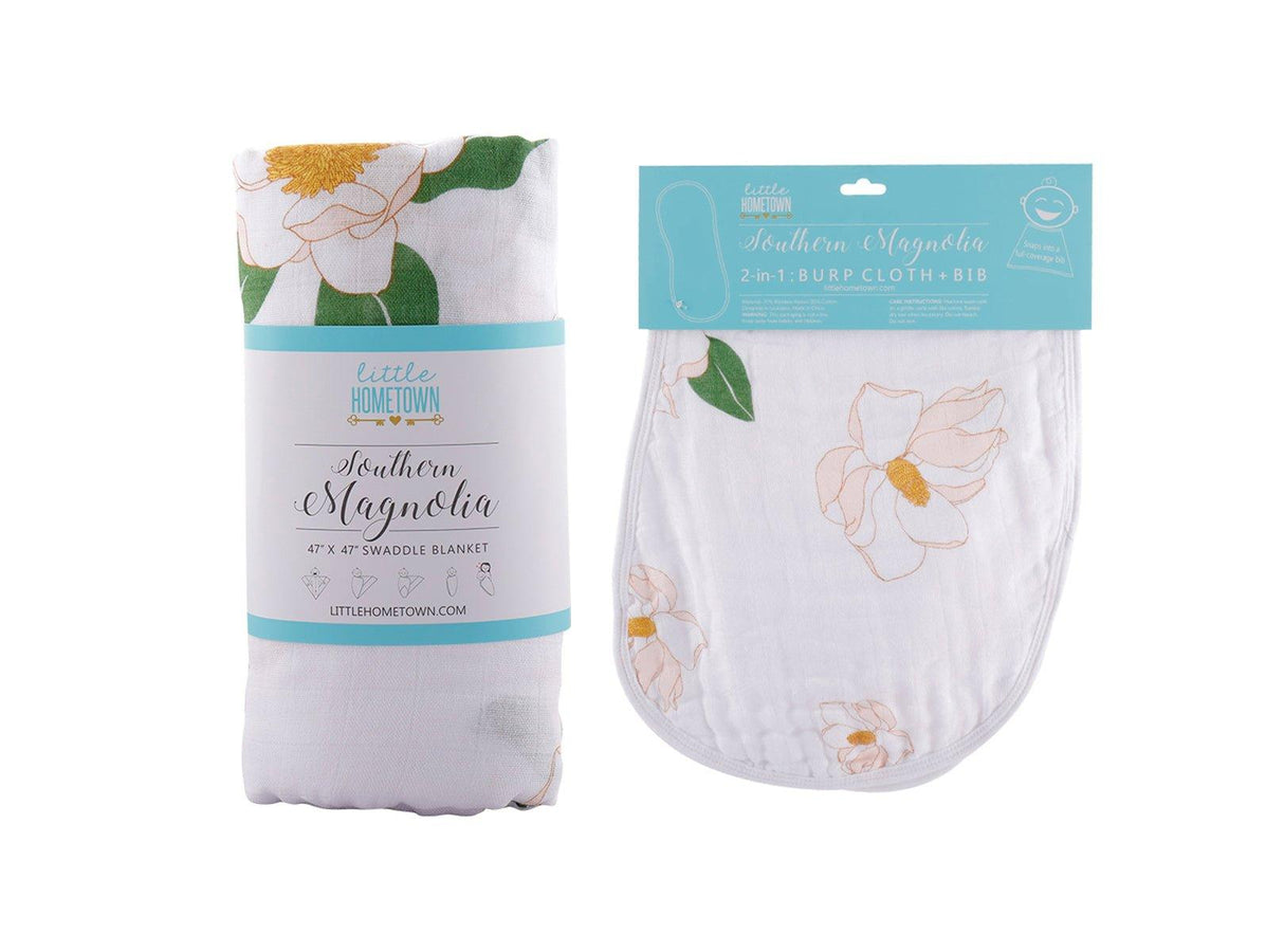 Gift Set: Southern Magnolia Baby Muslin Swaddle Blanket and Burp Cloth/Bib Combo by Little Hometown - Vysn