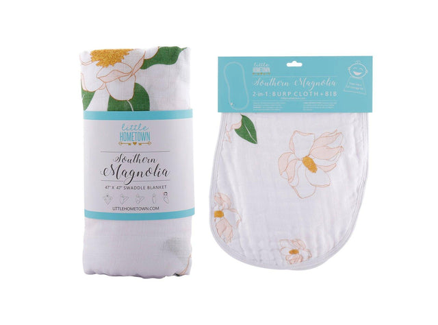 Gift Set: Southern Magnolia Baby Muslin Swaddle Blanket and Burp Cloth/Bib Combo by Little Hometown - Vysn