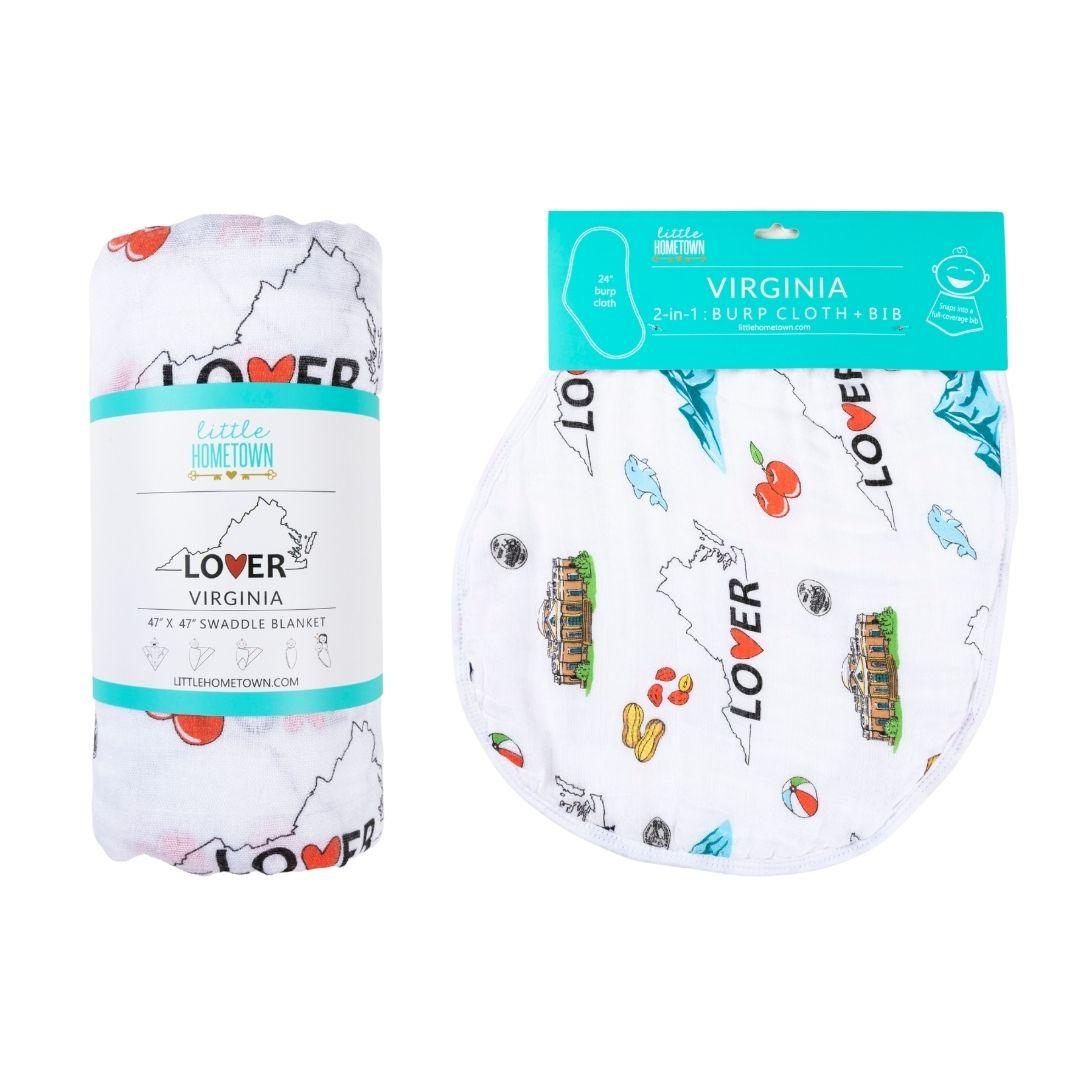 Gift Set: Virginia Baby Muslin Swaddle Blanket and Burp Cloth/Bib Combo by Little Hometown - Vysn