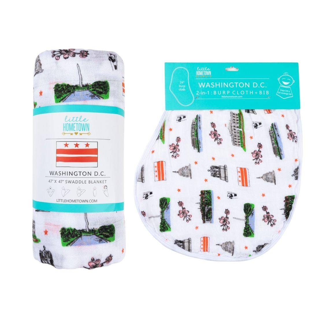 Gift Set: Washington D.C. Baby Muslin Swaddle Blanket and Burp Cloth/Bib Combo by Little Hometown - Vysn