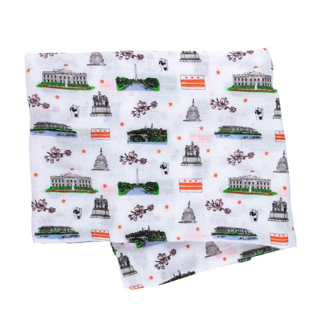 Gift Set: Washington D.C. Baby Muslin Swaddle Blanket and Burp Cloth/Bib Combo by Little Hometown - Vysn