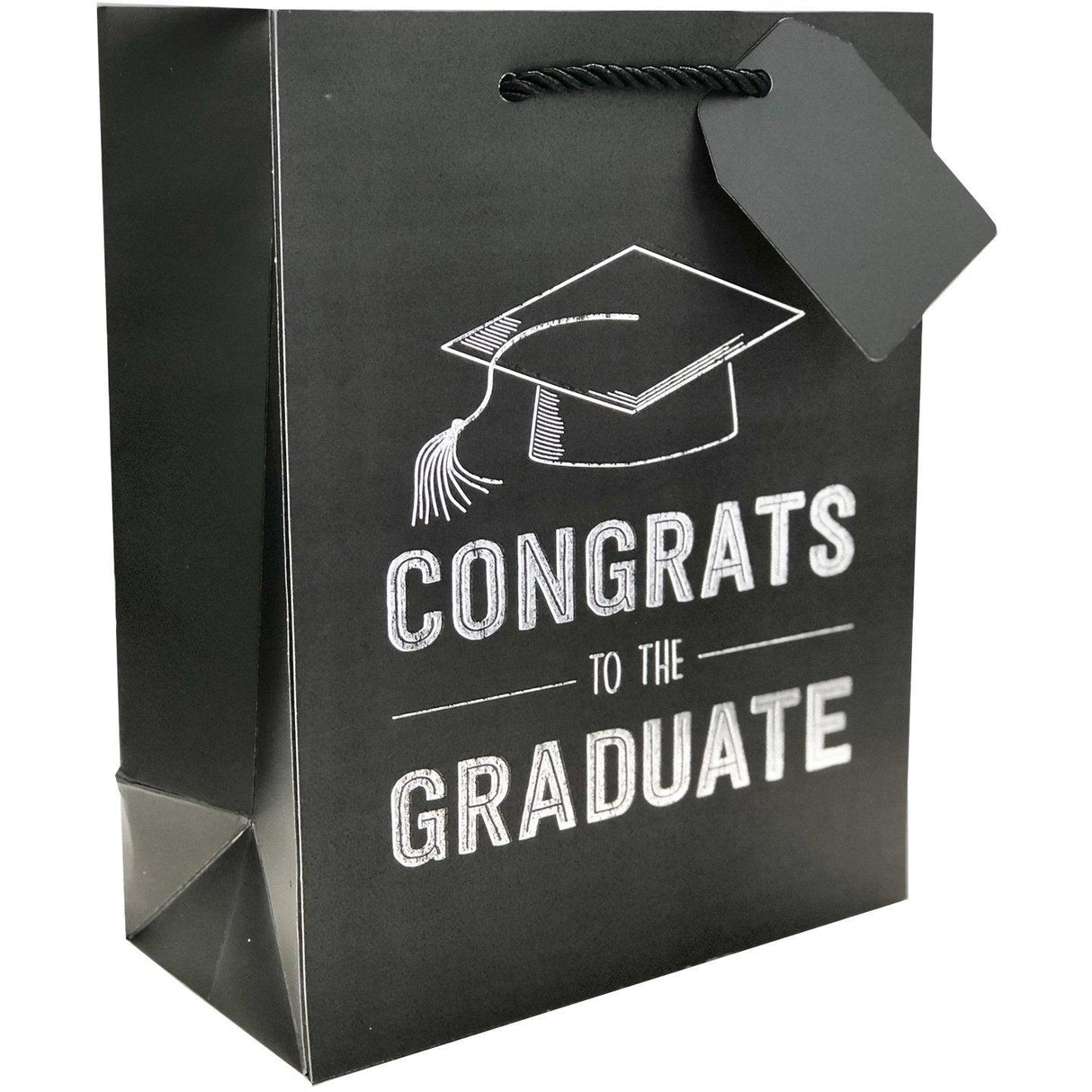 Medium Matte Black Graduation Gift Bags with Silver Foil, Congrats by Present Paper - Vysn