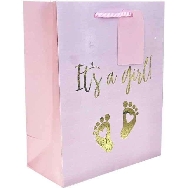 Medium Matte Pastel Pink Baby Gift Bags with Foil, It's a Girl by Present Paper - Vysn