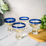 Mexican Hand Blown Blue Rim Margarita Glasses - Set of 4 - Stemless Glass Luxury Hand Blown Mexico Margarita, Martini & Champagne Glasses Cinco de Mayo Glass, Large Party Cobalt Mexico Blue Rim Design by The Wine Savant - Vysn