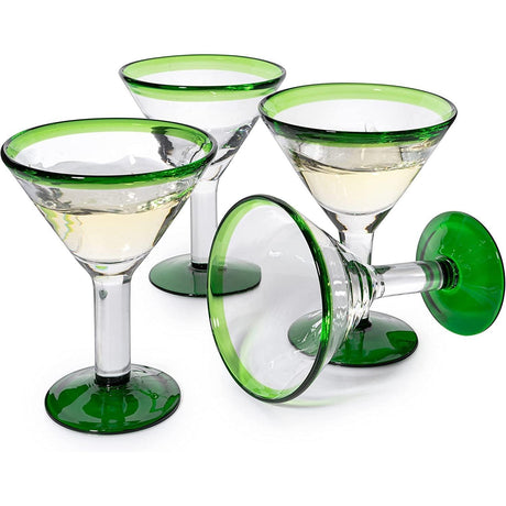 Mexican Hand Blown Martini & Margarita Glasses - Green Rim Detailed - Set of 4-10oz - Carmen Cinco de Mayo - Luxury Mexican Glassware Thick, Juice & Cocktail For Holidays & Celebration Confetti by The Wine Savant - Vysn