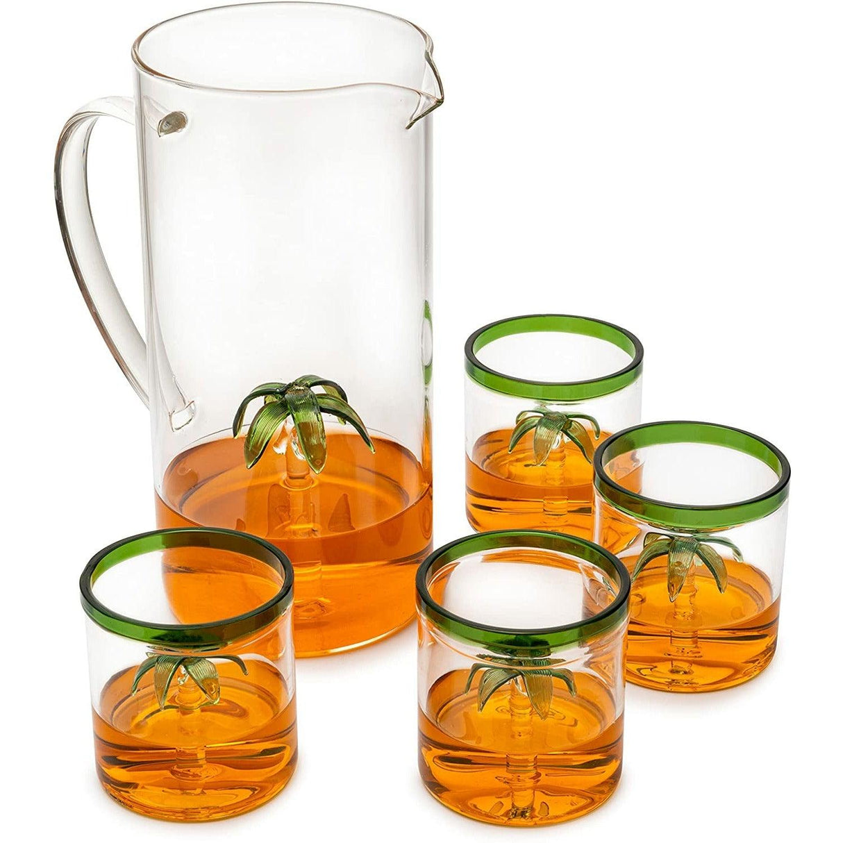 Palm Tree Pitcher & 4 Glasses Set Decanter with 4 Glasses 9oz by The Wine Savant - Elegant Glass Set, Great for Water Iced Tea, Sangria, Lemonade, and More! 1300ml 9" H by The Wine Savant - Vysn