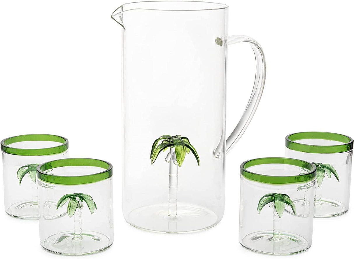 Palm Tree Pitcher & 4 Glasses Set Decanter with 4 Glasses 9oz by The Wine Savant - Elegant Glass Set, Great for Water Iced Tea, Sangria, Lemonade, and More! 1300ml 9" H by The Wine Savant - Vysn