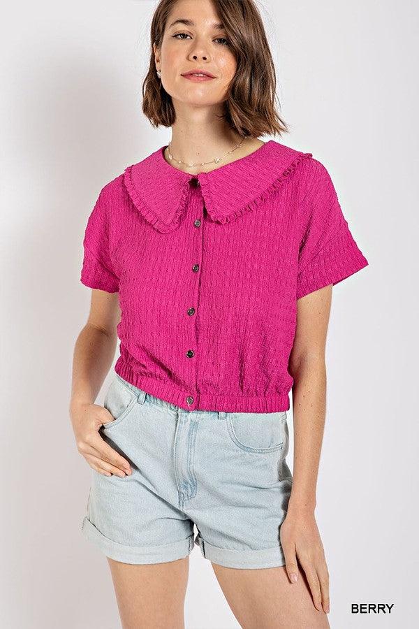 Peter pan collar textured knit button down top - Vysn