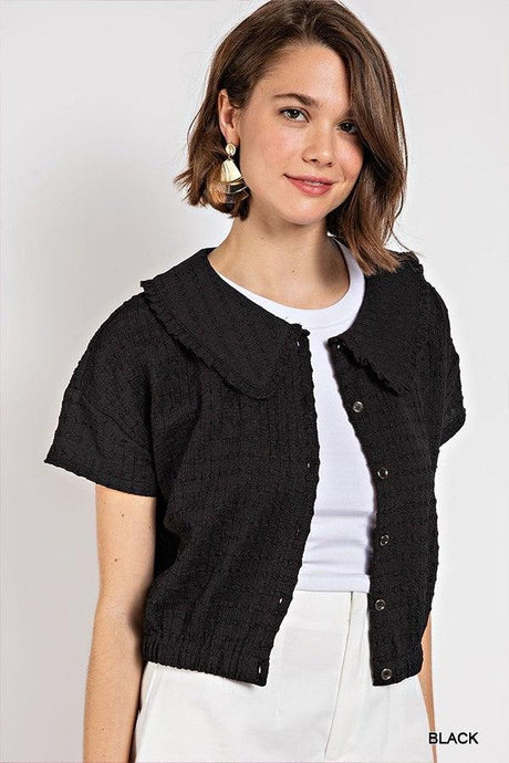 Peter pan collar textured knit button down top - Vysn