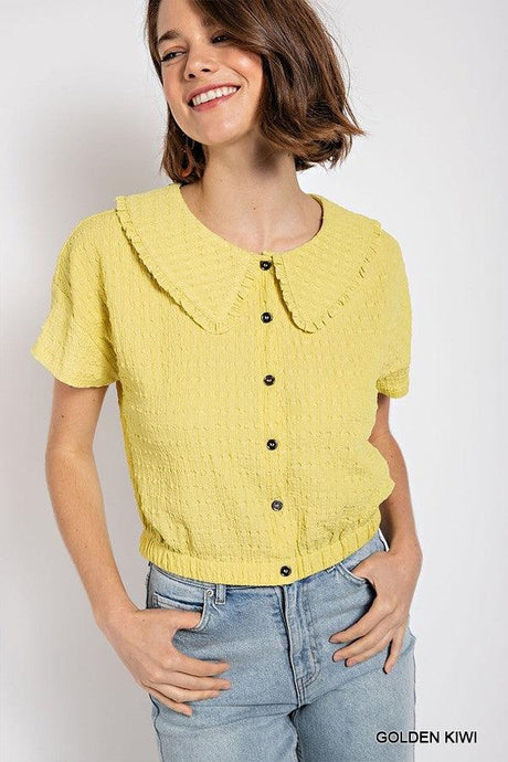 Peter pan collar textured knit button down top - Vysn