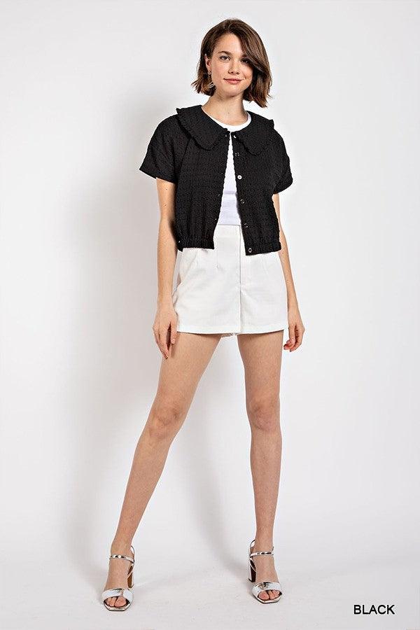 Peter pan collar textured knit button down top - Vysn